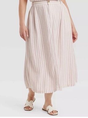 Striped Pink and White Midi Skirt - Lightweight A-Line